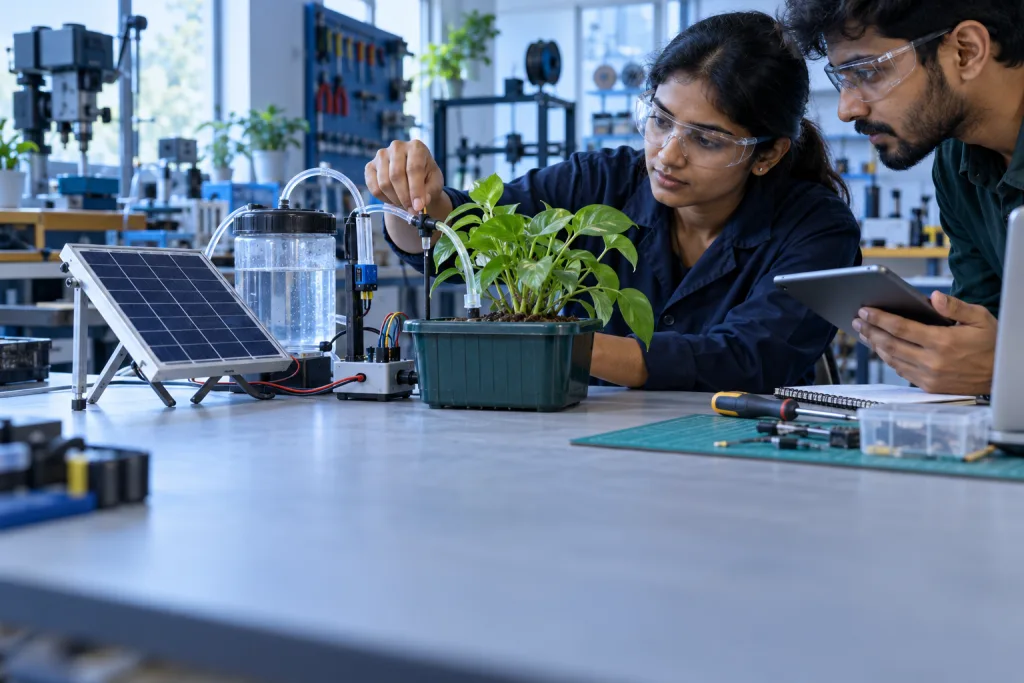 Illustration of adult students assembling an irrigation prototype in a campus workshop