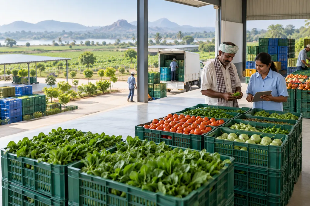 Illustration of a farmer and distribution partner working with fresh produce