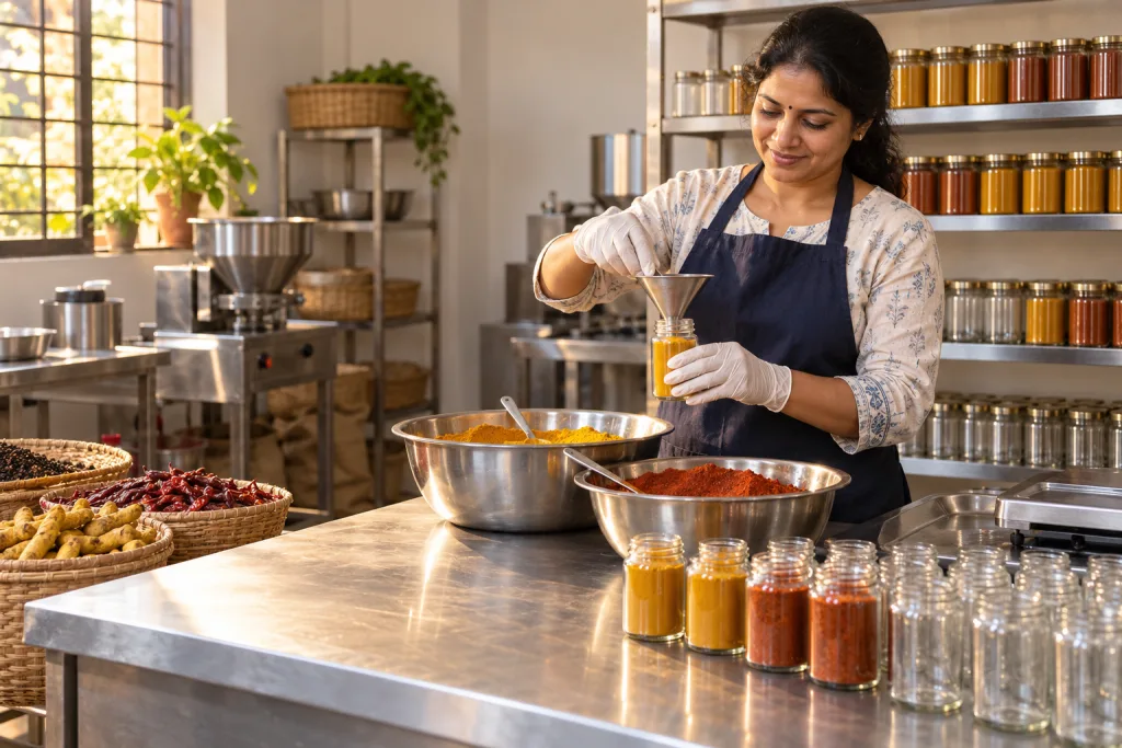 Illustration of a woman preparing packaged food products in a small enterprise